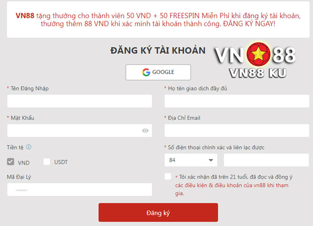 Các ô cần điền khi đăng ký VN88